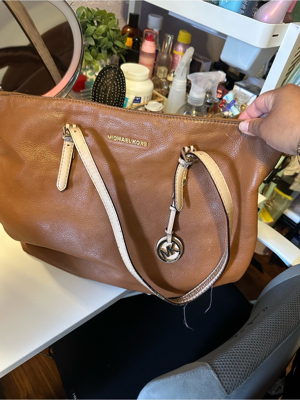 Michael Kors Brown Leather Tote with Cream Straps